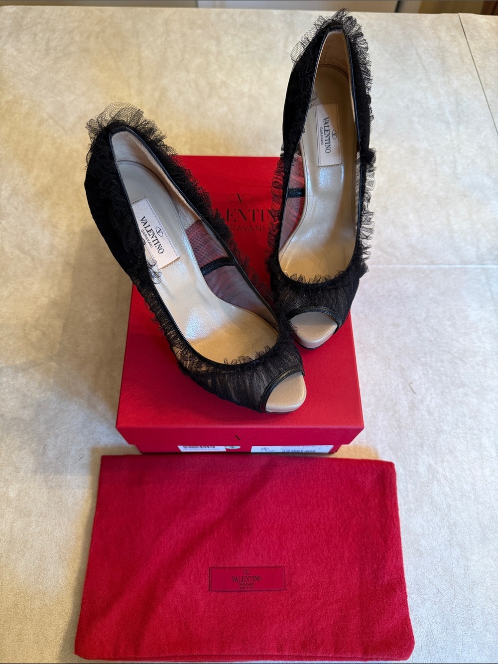 Valentino Black Lace Peep-Toe Pumps with Ruffle Trim - Picture 9 of 10